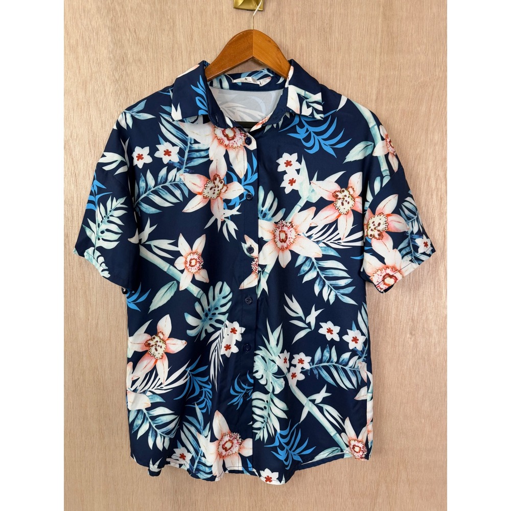 HT Mens Floral Blue Short Sleeve Button Down Tropical Hawaiian Shirt Small